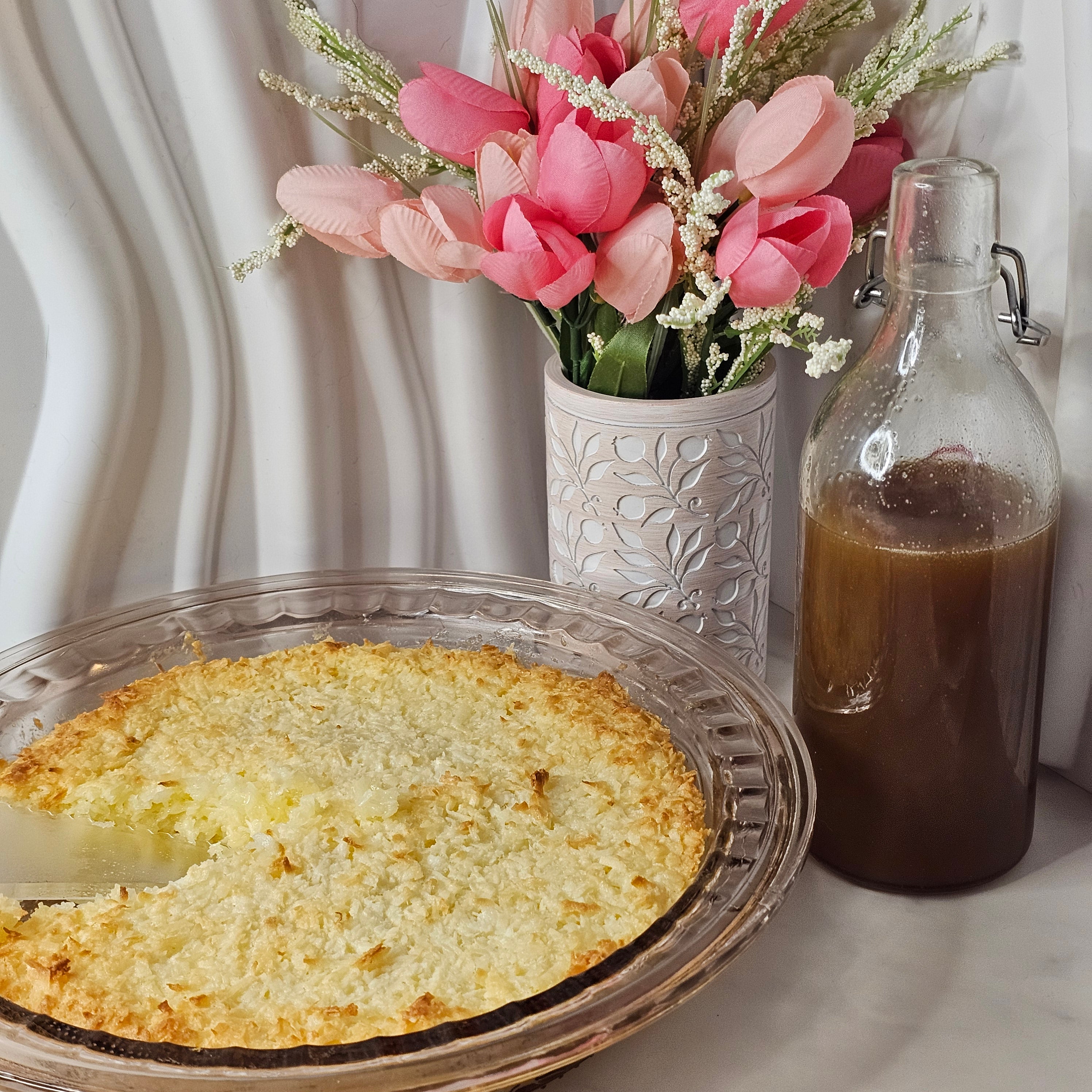 Coconut Pie with Tipsy Butter Caramel Sauce